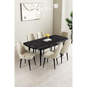 Mabel Siyah Mermer Desen 80x132 Açılabilir Mdf Masa Yemek Odası Takımı, Mutfak Takımı 6 Adet Sandalye Krem