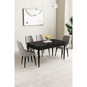 Mabel Siyah Mermer Desen 80x132 Açılabilir Mdf Masa Yemek Odası Takımı, Mutfak Takımı 4 Adet Sandalye Gri