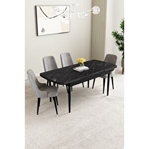 Mabel Siyah Mermer Desen 80x132 Açılabilir Mdf Masa Yemek Odası Takımı, Mutfak Takımı 4 Adet Sandalye Gri