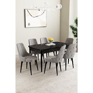 Mabel Siyah Mermer Desen 80x132 Açılabilir Mdf Masa Yemek Odası Takımı, Mutfak Takımı 6 Adet Sandalye Gri