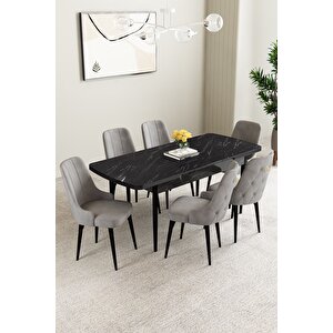Mabel Siyah Mermer Desen 80x132 Açılabilir Mdf Masa Yemek Odası Takımı, Mutfak Takımı 6 Adet Sandalye Gri