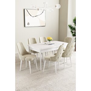 Mabel Beyaz 80x132 Açılabilir Mdf Masa Yemek Odası Takımı, Mutfak Takımı 6 Adet Sandalye Krem
