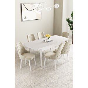 Mabel Beyaz 80x132 Açılabilir Mdf Masa Yemek Odası Takımı, Mutfak Takımı 6 Adet Sandalye Krem