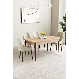 Mabel Meşe Desen 80x132 Açılabilir Mdf Masa Yemek Odası Takımı, Mutfak Takımı 4 Adet Sandalye Krem