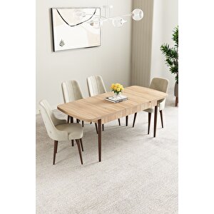 Mabel Meşe Desen 80x132 Açılabilir Mdf Masa Yemek Odası Takımı, Mutfak Takımı 4 Adet Sandalye Krem