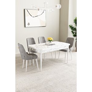 Mabel Beyaz Mermer Desen 80x132 Açılabilir Mdf Masa Yemek Odası Takımı,mutfak Takımı 4 Adet Sandalye Gri