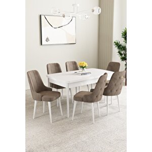 Mabel Beyaz 80x132 Açılabilir Mdf Masa Yemek Odası Takımı, Mutfak Takımı 6 Adet Sandalye Cappuccino