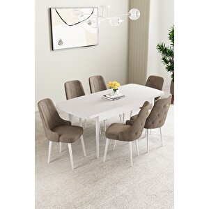 Mabel Beyaz 80x132 Açılabilir Mdf Masa Yemek Odası Takımı, Mutfak Takımı 6 Adet Sandalye Cappuccino