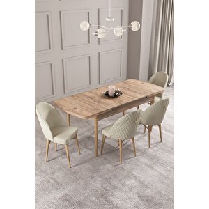 Calvin Atlantik 80x132 Açılabilir Mdf Masa Yemek Odası Takımı, Mutfak Takımı 4 Adet Sandalye Krem