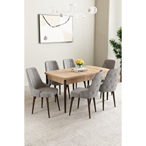 Mabel Meşe Desen 80x132 Açılabilir Mdf Masa Yemek Odası Takımı, Mutfak Takımı 6 Adet Sandalye Gri