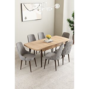 Mabel Meşe Desen 80x132 Açılabilir Mdf Masa Yemek Odası Takımı, Mutfak Takımı 6 Adet Sandalye Gri