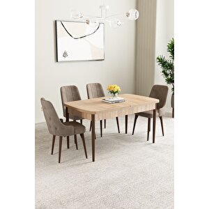 Mabel Meşe Desen 80x132 Açılabilir Mdf Masa Yemek Odası Takımı, Mutfak Takımı 4 Adet Sandalye Cappuccino