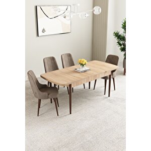 Mabel Meşe Desen 80x132 Açılabilir Mdf Masa Yemek Odası Takımı, Mutfak Takımı 4 Adet Sandalye Cappuccino