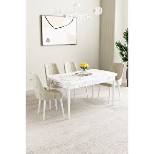 Mabel Beyaz Mermer Desen 80x132 Açılabilir Mdf Masa Yemek Odası Takımı,mutfak Takımı 4 Adet Sandalye Krem