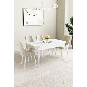 Mabel Beyaz 80x132 Açılabilir Mdf Masa Yemek Odası Takımı, Mutfak Takımı 4 Adet Sandalye Krem