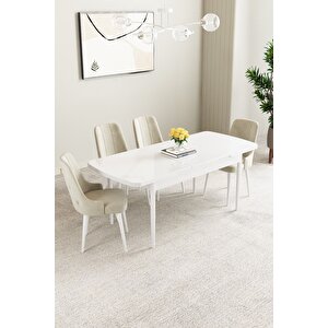 Mabel Beyaz 80x132 Açılabilir Mdf Masa Yemek Odası Takımı, Mutfak Takımı 4 Adet Sandalye Krem