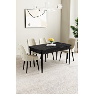 Mabel Siyah Mermer Desen 80x132 Açılabilir Mdf Masa Yemek Odası Takımı, Mutfak Takımı 4 Adet Sandalye Krem
