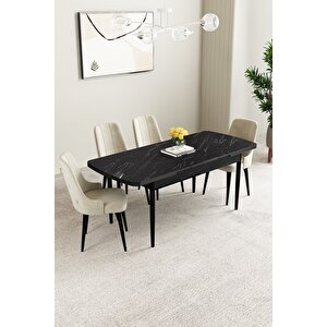 Mabel Siyah Mermer Desen 80x132 Açılabilir Mdf Masa Yemek Odası Takımı, Mutfak Takımı 4 Adet Sandalye Krem
