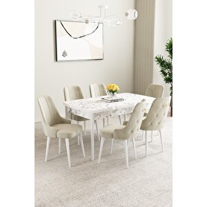 Mabel Beyaz Mermer Desen 80x132 Açılabilir Mdf Masa Yemek Odası Takımı,mutfak Takımı 6 Adet Sandalye Krem