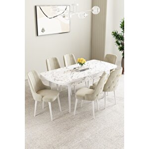 Mabel Beyaz Mermer Desen 80x132 Açılabilir Mdf Masa Yemek Odası Takımı,mutfak Takımı 6 Adet Sandalye Krem