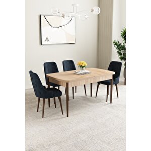 Mabel Meşe Desen 80x132 Açılabilir Mdf Masa Yemek Odası Takımı, Mutfak Takımı 4 Adet Sandalye Antrasit