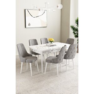 Mabel Beyaz Mermer Desen 80x132 Açılabilir Mdf Masa Yemek Odası Takımı,mutfak Takımı 6 Adet Sandalye Gri