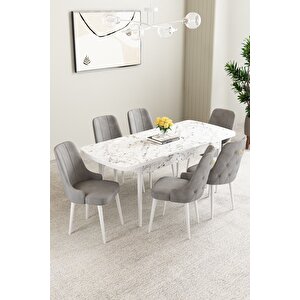 Mabel Beyaz Mermer Desen 80x132 Açılabilir Mdf Masa Yemek Odası Takımı,mutfak Takımı 6 Adet Sandalye Gri