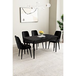 Mabel Siyah Mermer Desen 80x132 Açılabilir Mdf Masa Yemek Odası Takımı, Mutfak Takımı 4 Adet Sandalye Siyah