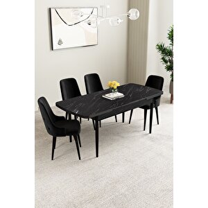 Mabel Siyah Mermer Desen 80x132 Açılabilir Mdf Masa Yemek Odası Takımı, Mutfak Takımı 4 Adet Sandalye Siyah