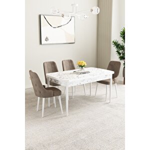 Mabel Beyaz Mermer Desen 80x132 Açılabilir Mdf Masa Yemek Odası Takımı,mutfak Takımı 4 Adet Sandalye Cappuccino