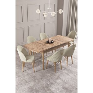Calvin Atlantik 80x132 Açılabilir Mdf Masa Yemek Odası Takımı, Mutfak Takımı 6 Adet Sandalye Krem