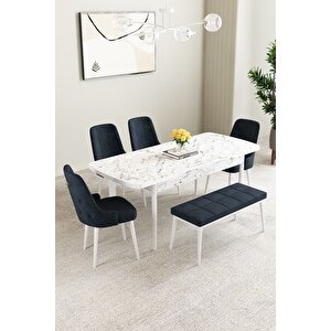 Mabel Beyaz Mermer 80x132 Açılabilir Mdf Masa Yemek Odası Takımı,mutfak Takımı 4 Sandalye, 1 Bench Antrasit