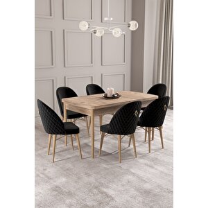 Calvin Atlantik 80x132 Açılabilir Mdf Masa Yemek Odası Takımı, Mutfak Takımı 6 Adet Sandalye Siyah