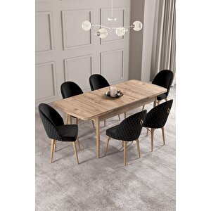 Calvin Atlantik 80x132 Açılabilir Mdf Masa Yemek Odası Takımı, Mutfak Takımı 6 Adet Sandalye Siyah