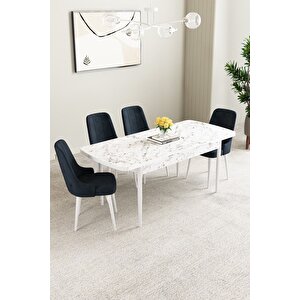 Mabel Beyaz Mermer Desen 80x132 Açılabilir Mdf Masa Yemek Odası Takımı,mutfak Takımı 4 Adet Sandalye Antrasit
