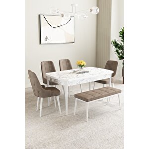 Mabel Beyaz Mermer 80x132 Açılabilir Mdf Masa Yemek Odası Takımı,mutfak Takımı 4 Sandalye, 1 Bench Cappuccino