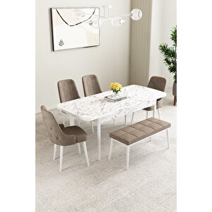 Mabel Beyaz Mermer 80x132 Açılabilir Mdf Masa Yemek Odası Takımı,mutfak Takımı 4 Sandalye, 1 Bench Cappuccino