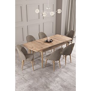 Calvin Atlantik 80x132 Açılabilir Mdf Masa Yemek Odası Takımı, Mutfak Takımı 6 Adet Sandalye Cappuccino