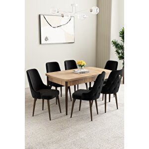 Mabel Meşe Desen 80x132 Açılabilir Mdf Masa Yemek Odası Takımı, Mutfak Takımı 6 Adet Sandalye Siyah