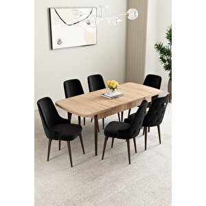 Mabel Meşe Desen 80x132 Açılabilir Mdf Masa Yemek Odası Takımı, Mutfak Takımı 6 Adet Sandalye Siyah