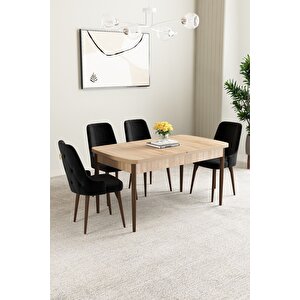 Mabel Meşe Desen 80x132 Açılabilir Mdf Masa Yemek Odası Takımı, Mutfak Takımı 4 Adet Sandalye Siyah