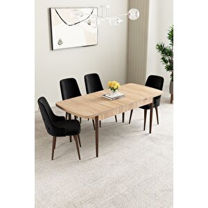 Mabel Meşe Desen 80x132 Açılabilir Mdf Masa Yemek Odası Takımı, Mutfak Takımı 4 Adet Sandalye Siyah