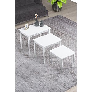 Elegance Beyaz Mdf Lake Boyalı Tabla Gürgen Ayaklı 3 Lü Zigon Sehpa Takımı Çay Sehpası Servis Sehpa