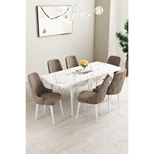 Mabel Beyaz Mermer Desen 80x132 Açılabilir Mdf Masa Yemek Odası Takımı,mutfak Takımı 6 Adet Sandalye Cappuccino