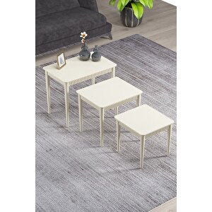 Elegance Krem Mdf Lake Boyalı Tabla Gürgen Ayaklı 3 Lü Zigon Sehpa Takımı Çay Sehpası Servis Sehpası