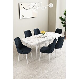 Mabel Beyaz Mermer Desen 80x132 Açılabilir Mdf Masa Yemek Odası Takımı,mutfak Takımı 6 Adet Sandalye Antrasit