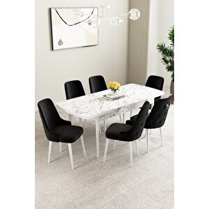 Mabel Beyaz Mermer Desen 80x132 Açılabilir Mdf Masa Yemek Odası Takımı,mutfak Takımı 6 Adet Sandalye Siyah