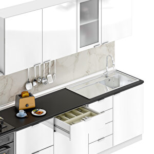 Dekorex Elsa Serisi 345 Cm Beyaz Fırın Ve Çekmece Modüllü Siyah Tezgahlı Hazır Mutfak Ls-345dav-c-st