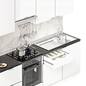 Dekorex Elsa Serisi 300 Cm Beyaz Aspiratör Fırın Ve Çekmece Modüllü Siyah Tezgahlı Hazır Mutfak Ls-300asp-c-st