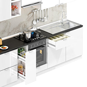 Dekorex Elsa Serisi 330 Cm Beyaz Aspiratör Fırın Ve Çekmece Modüllü Siyah Tezgahlı Hazır Mutfak Ls-330asp-c-st